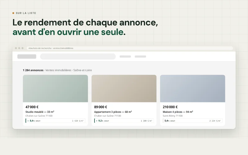 Pastille de rendement affichée sous chaque résultat d’une recherche leboncoin